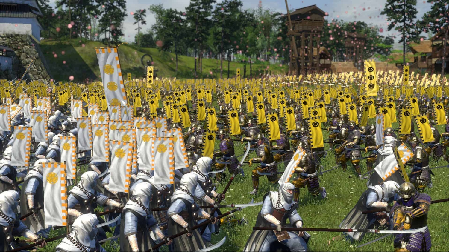 Two large medieval armies clash on a grassy field with soldiers wielding polearms and banners in white and yellow