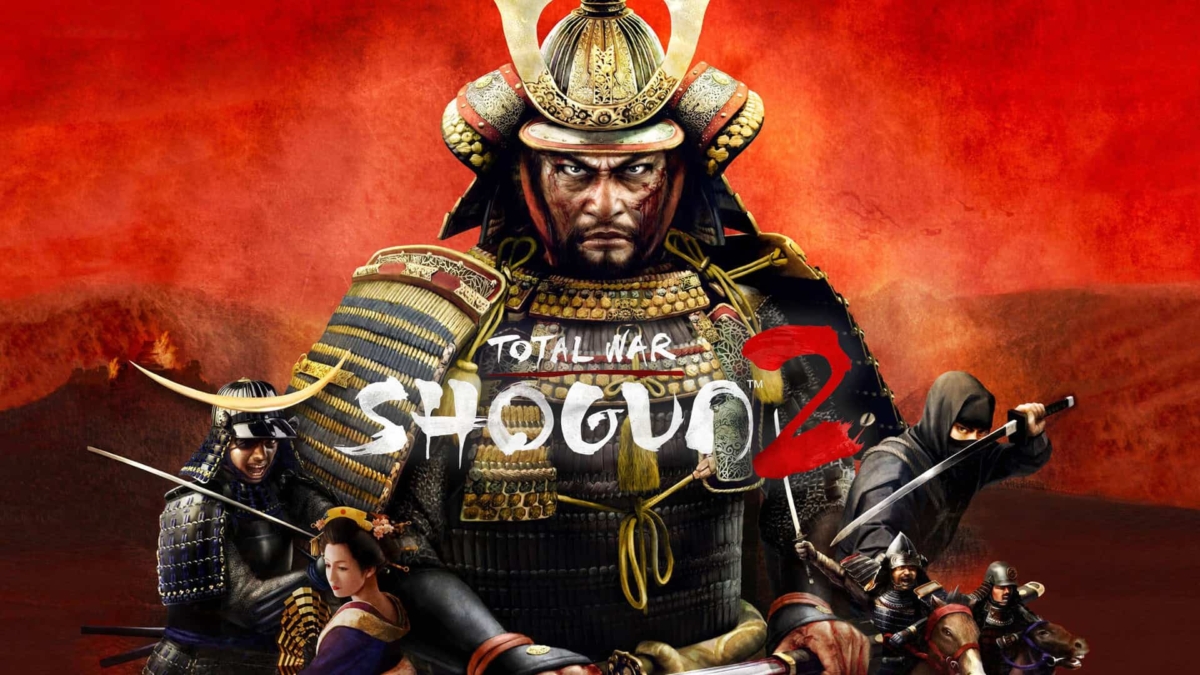 Armoured samurai warrior and various warriors in front of a red background with Total War Shogun 2 logo