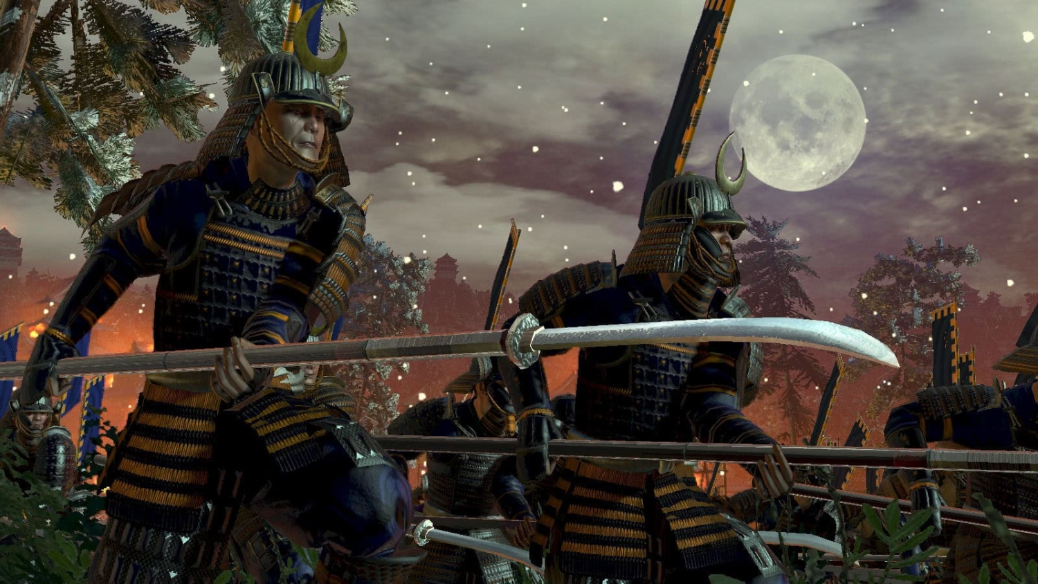 Samurai warriors in traditional armour wielding spears and a katana under a full moon with a cloudy sky
