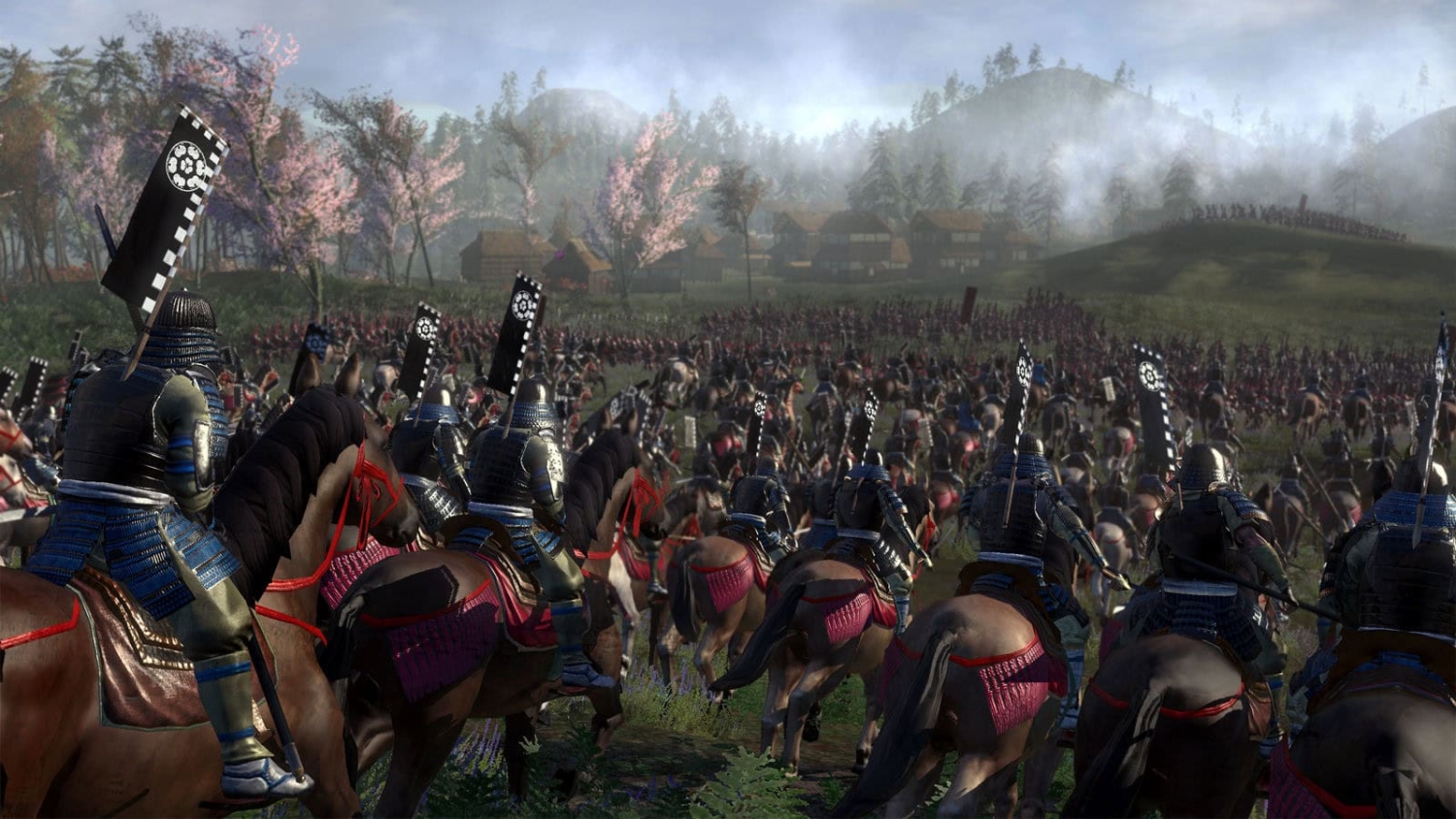 Armoured samurai cavalry mounted on horses advancing towards a large infantry army on a misty battlefield with cherry blossom trees
