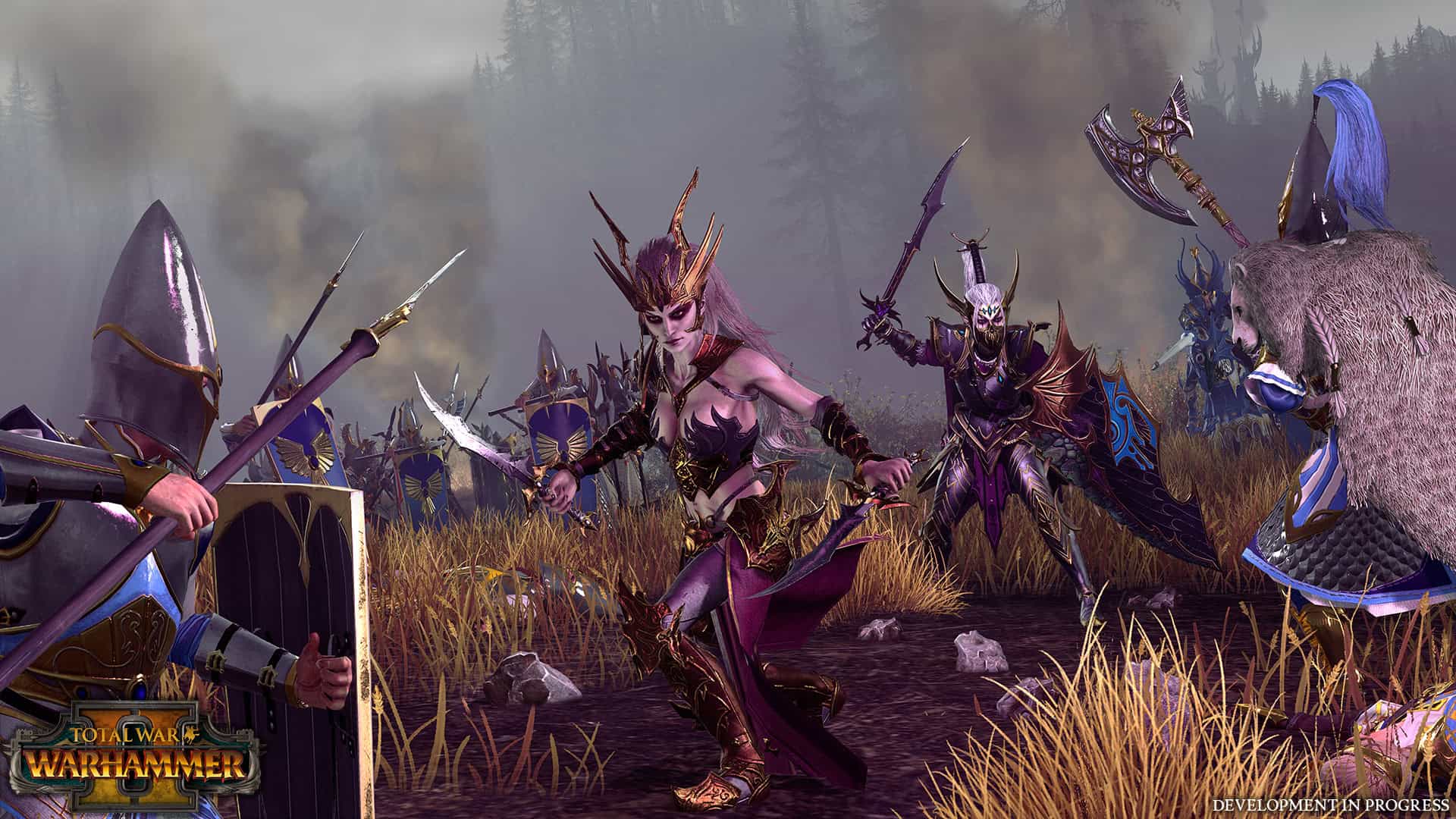 Dark elves in ornate armour charging through misty forest against armed soldiers with spears and axes