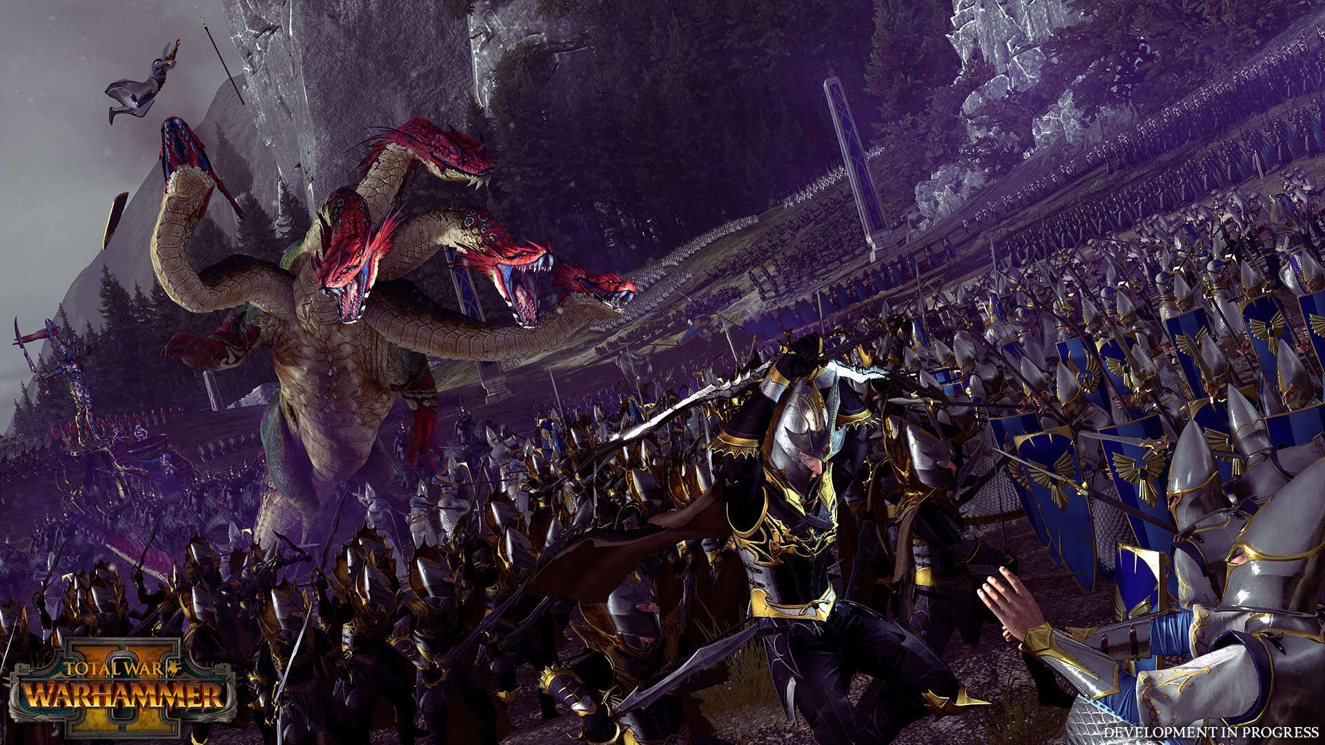Armoured soldiers wield swords and shields while confronting a large multi-headed serpent creature in a forested battlefield