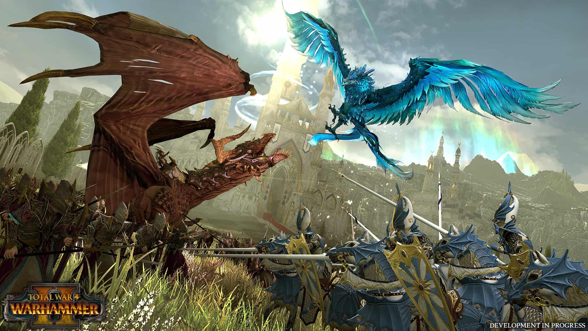 Armoured soldiers with pikes face a red dragon and a glowing blue bird-like creature in a castle battlefield
