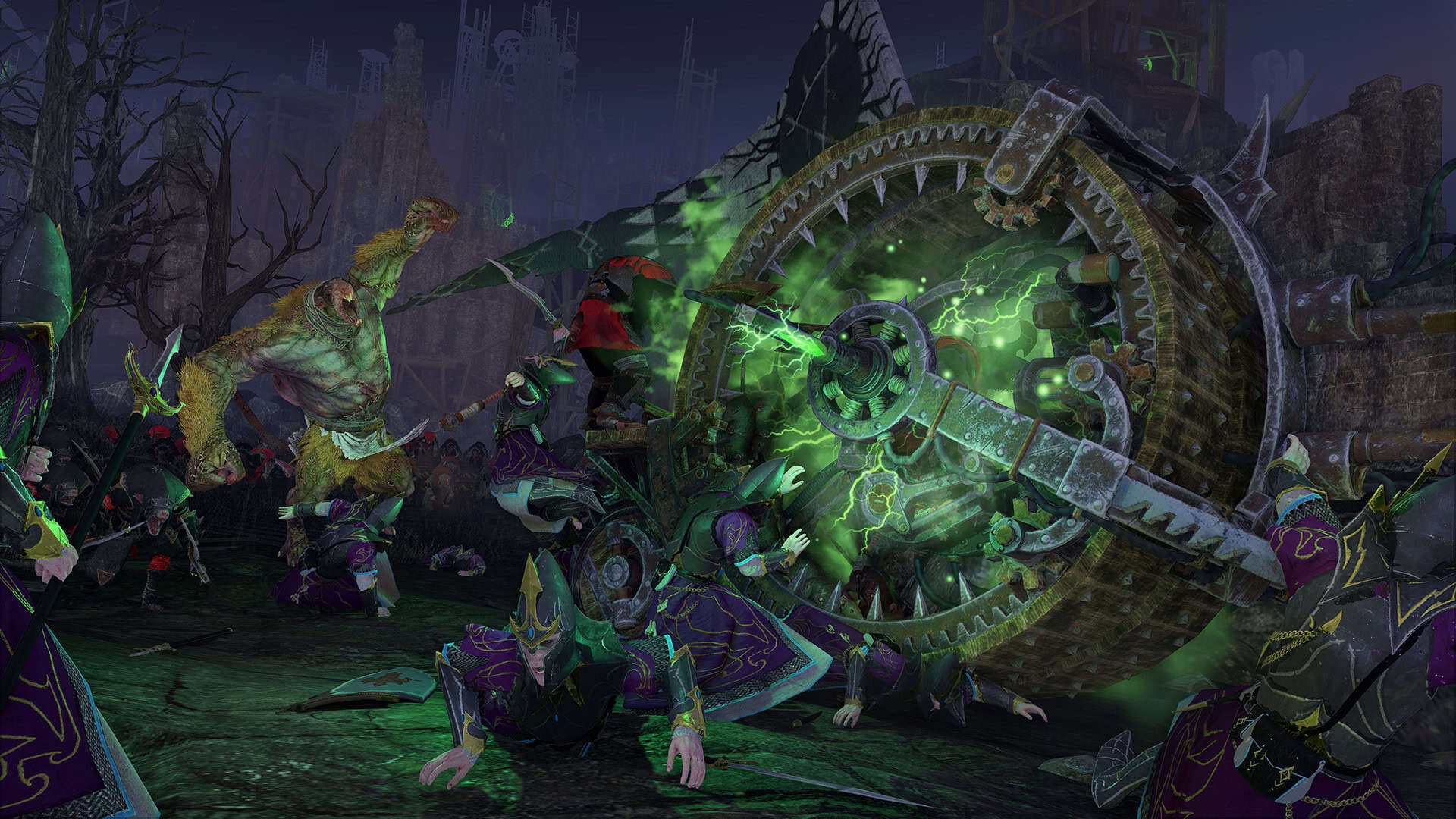 Elven warriors clad in purple robes are attacked by a large mechanical war machine emitting green energy in a dark, ruined environment