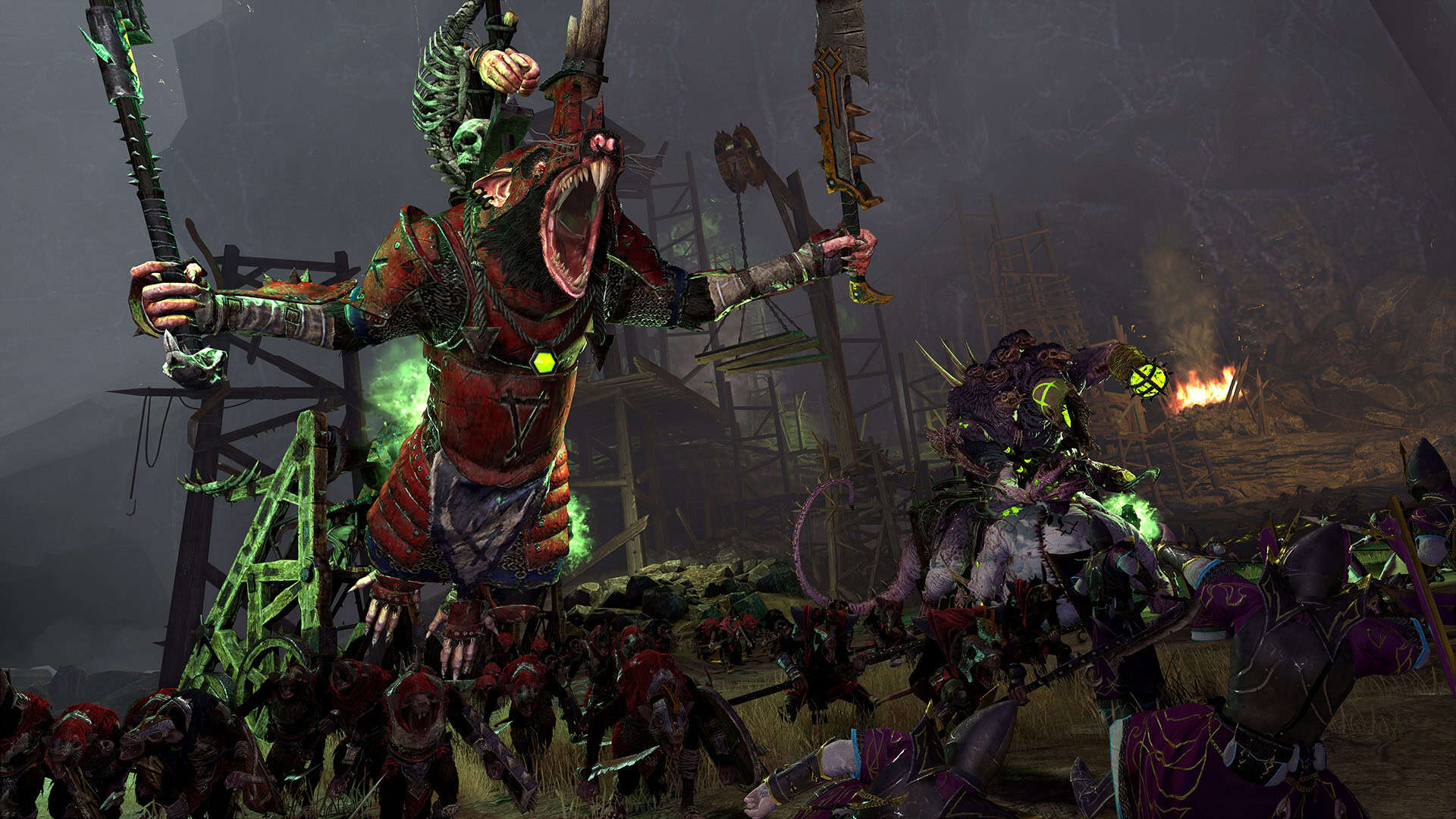 Armoured giant rat warrior with twin weapons roaring amidst battle in dark ruin with smaller rat warriors and fallen enemies