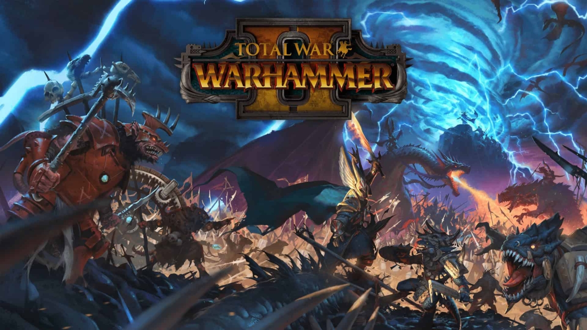 Epic fantasy battle scene with warriors, monsters, and a dragon breathing fire under a stormy sky