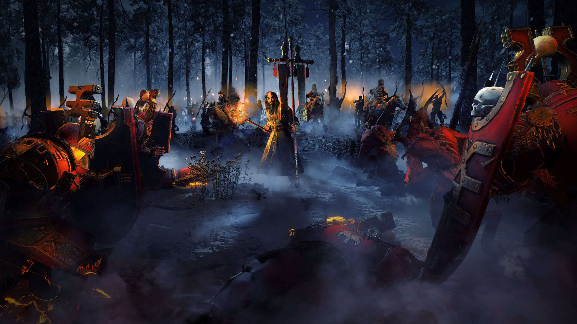 Armoured warriors and a mage with flaming staff preparing for battle in a misty dark forest