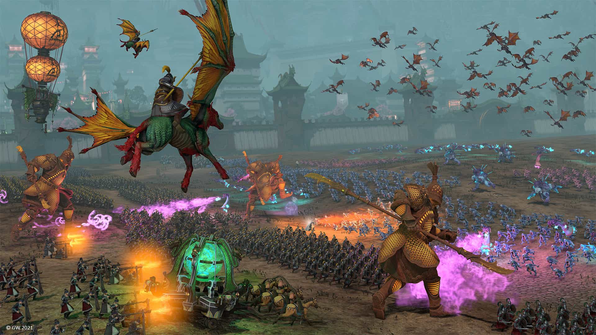 Armoured warriors engage in battle with flying dragons and use purple magic amidst large armies and war machines