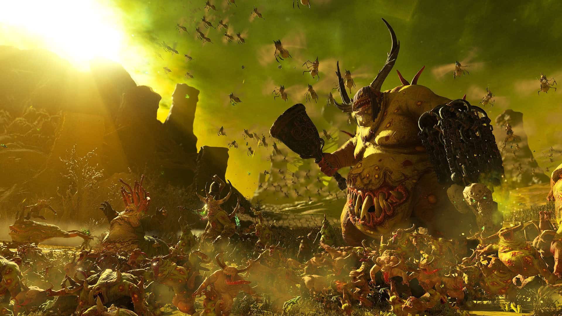 Large horned grotesque monsters leading an army of smaller creatures under a toxic greenish-yellow sky