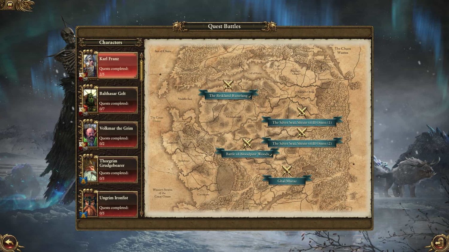 Game interface showing a quest battles map with five character portraits and their quest progress on the left side