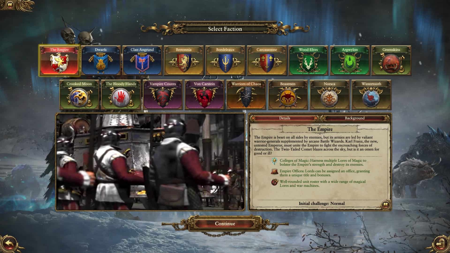 Video game faction selection screen showing multiple faction banners with a description panel detailing The Empire faction and a video preview.