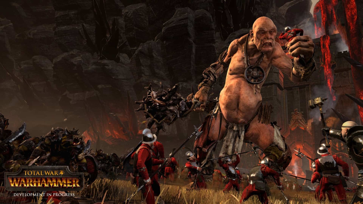 A giant creature wielding a spiked club confronts soldiers in red uniforms on a dark fantasy battlefield