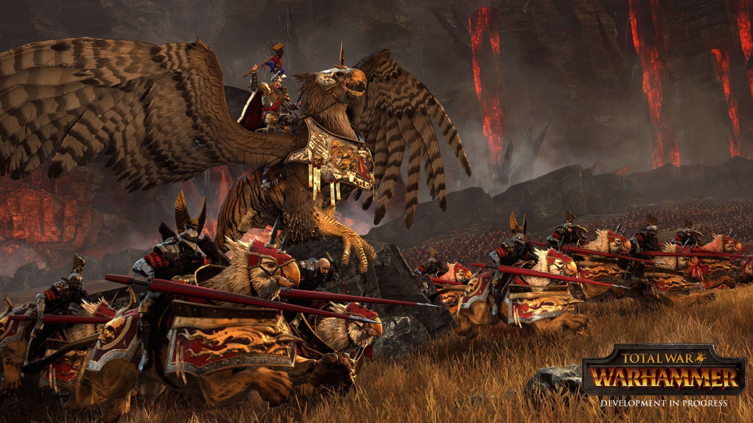 Armoured soldiers charging on griffon and gryphon-like mounts in a volcanic battlefield