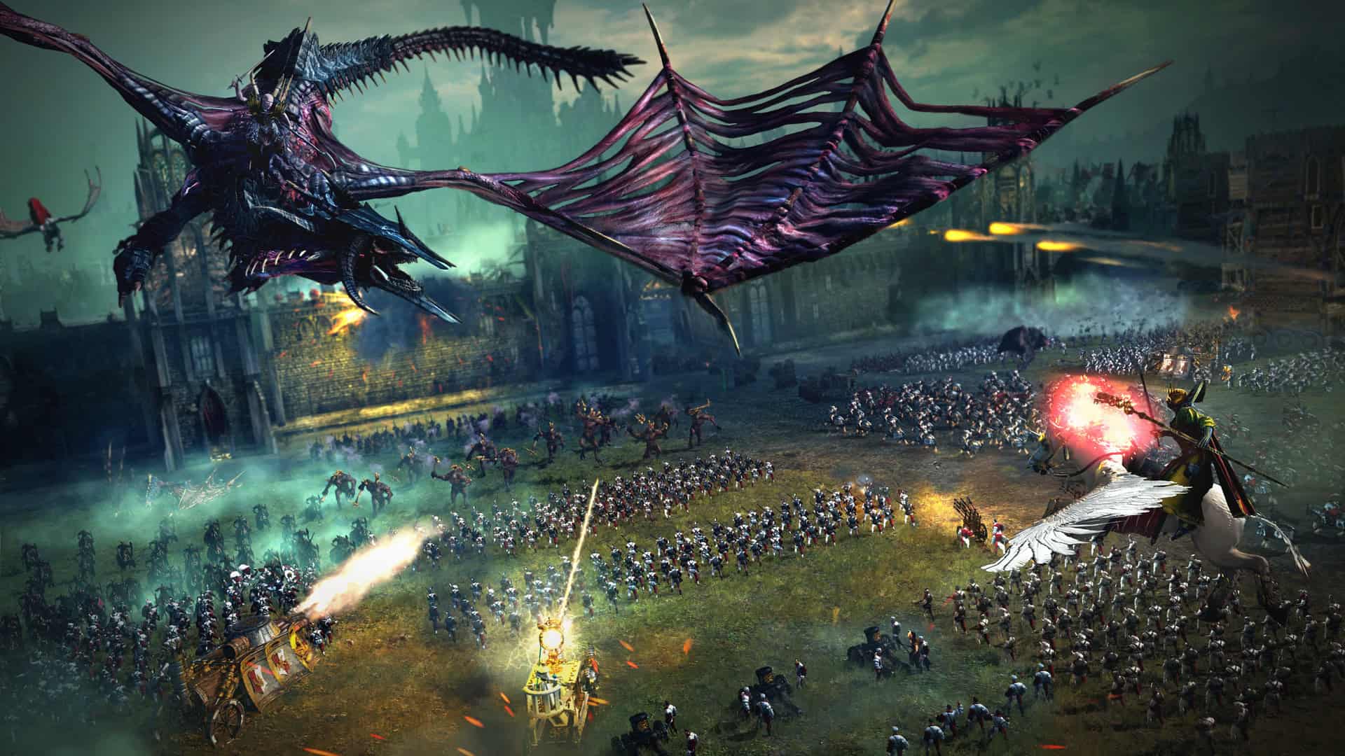 Two large monstrous winged creatures attacking a medieval army with soldiers and siege weapons in front of a castle