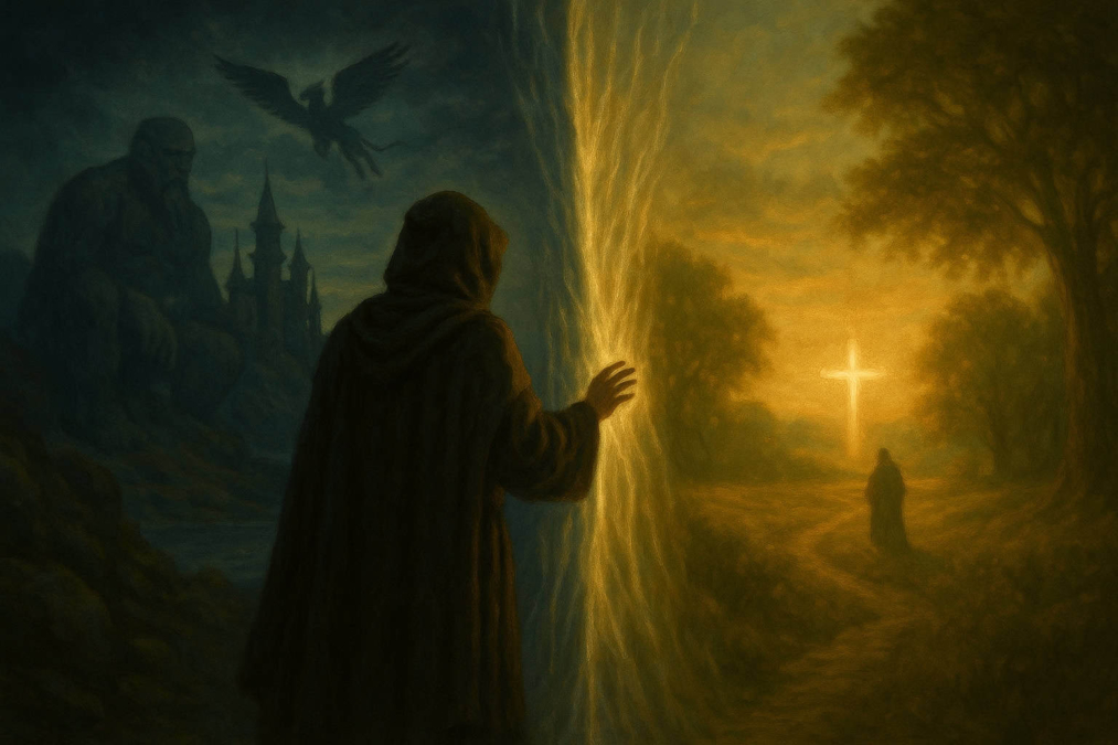 A robed figure touches a glowing veil dividing dark realm with castle and griffin from a golden light with luminous cross