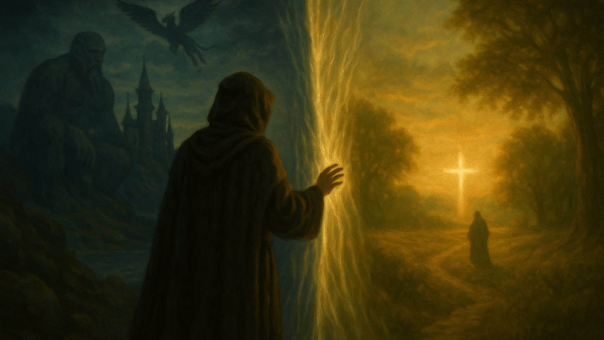 A robed figure touches a glowing veil dividing dark realm with castle and griffin from a golden light with luminous cross