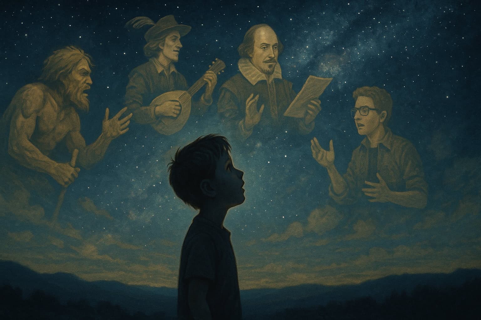 Silhouetted boy gazing at glowing figures of a caveman, minstrel, Shakespeare, and modern man amid a starry night sky