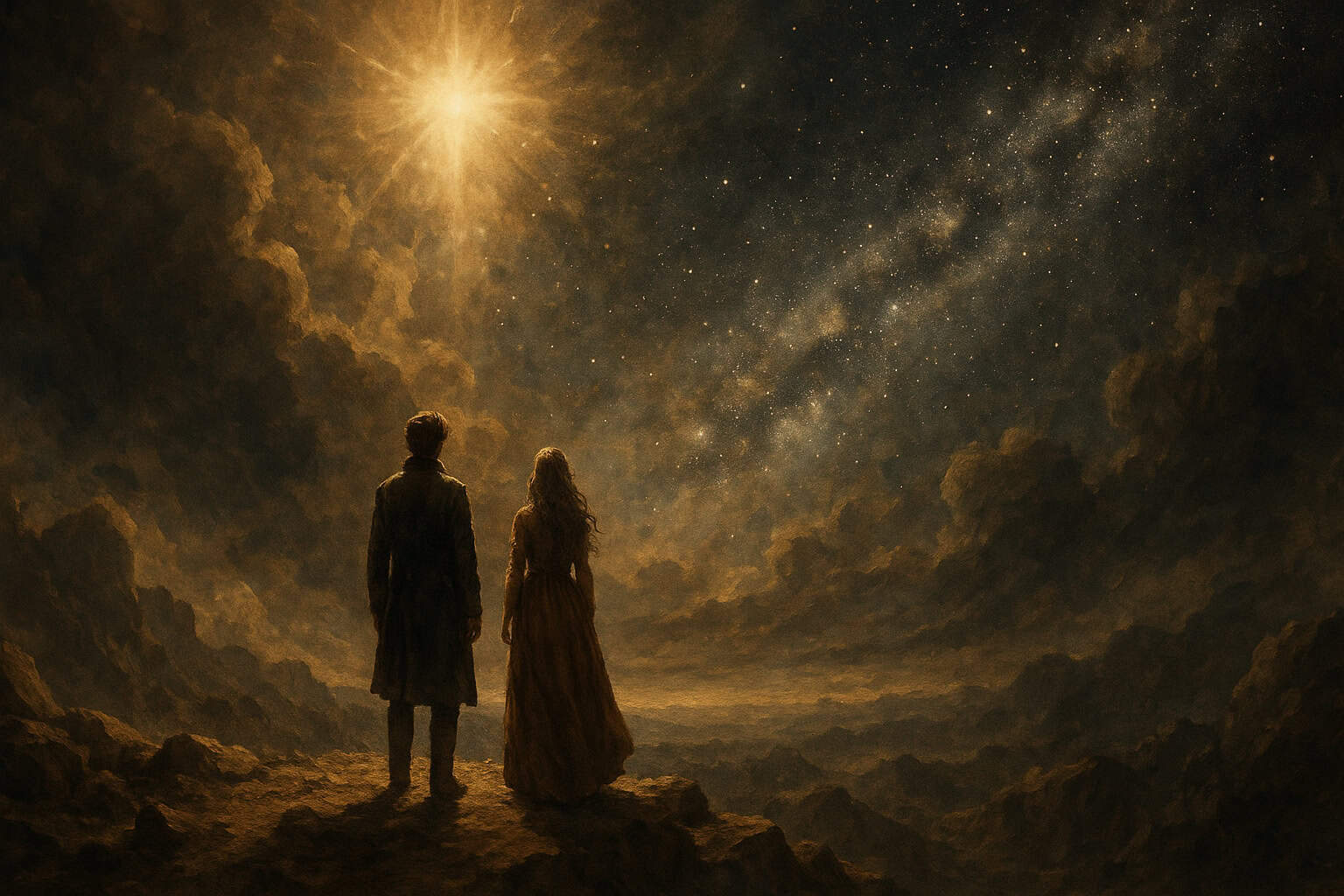 Two figures stand on rocky ground gazing at a bright star in a vast, starry night sky with clouds