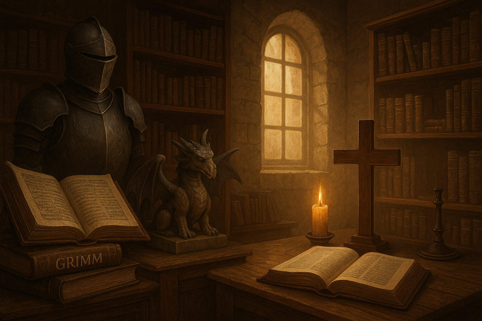 Moody medieval study with knight's armour, stone dragon statue, open ancient books, lit candle and wooden cross