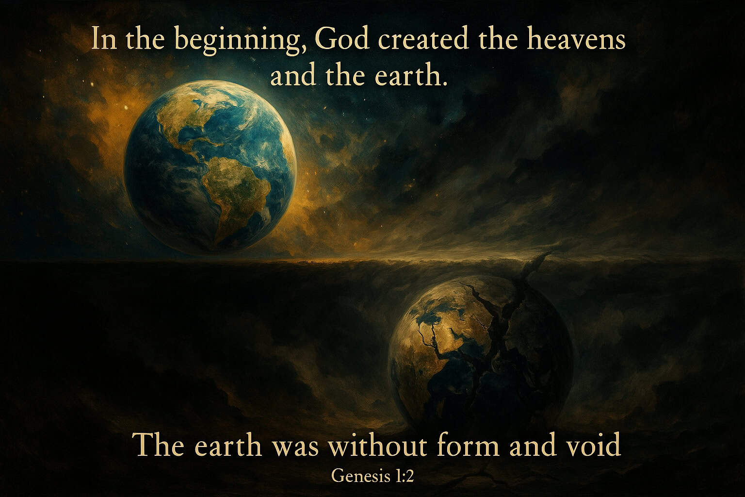 Two contrasting Earths separated by a horizontal divide with Genesis 1:1-2 scripture text