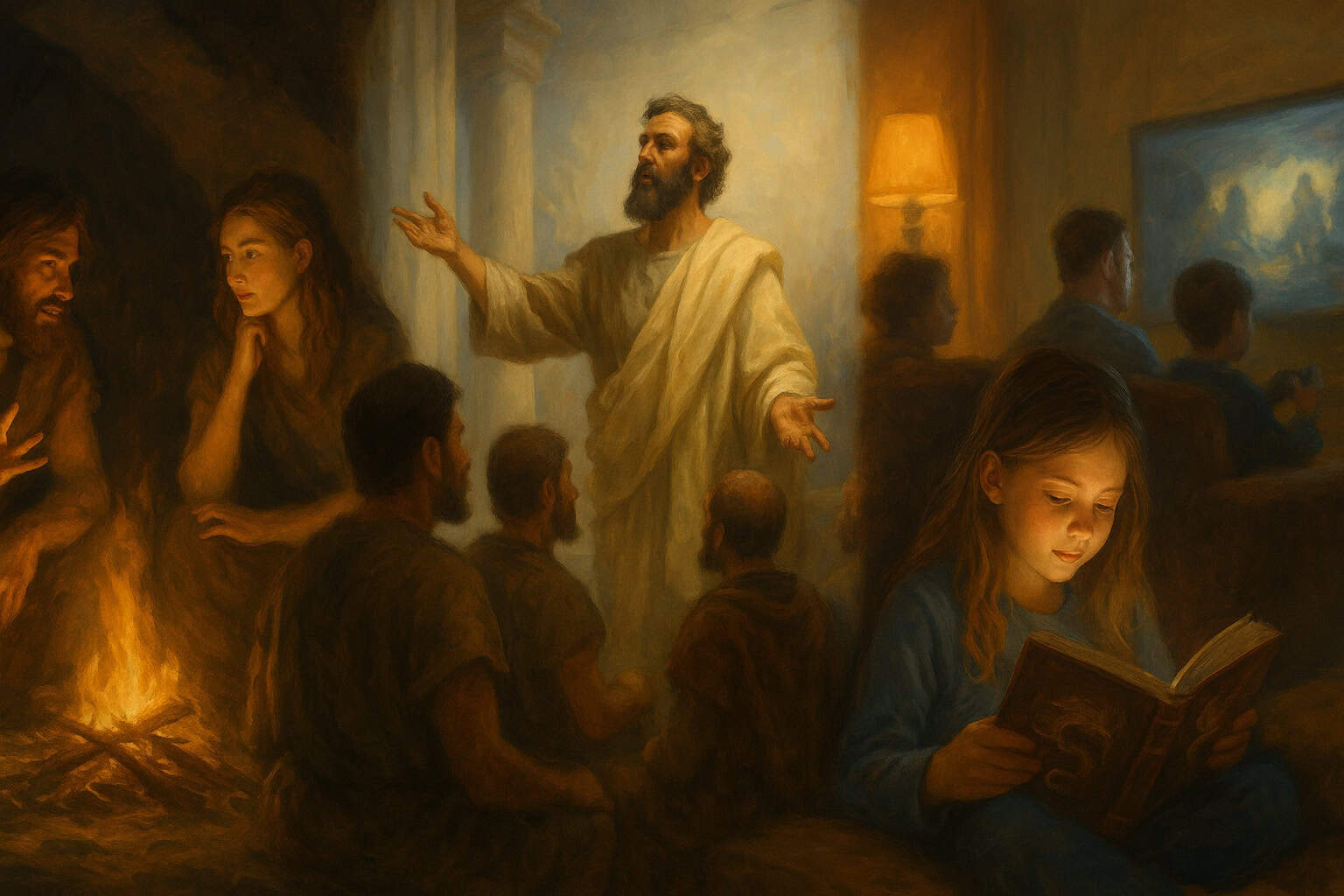 A girl reading a book by lamp light while a bearded man tells stories to a group around a fire