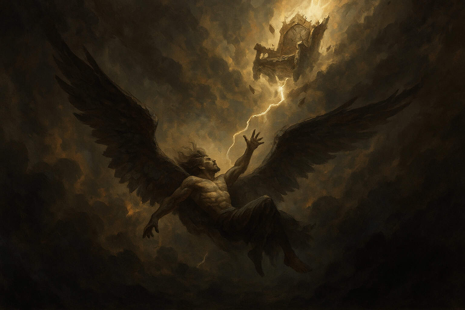 A muscular figure with dark wings falls from stormy skies reaching towards a falling broken throne struck by lightning