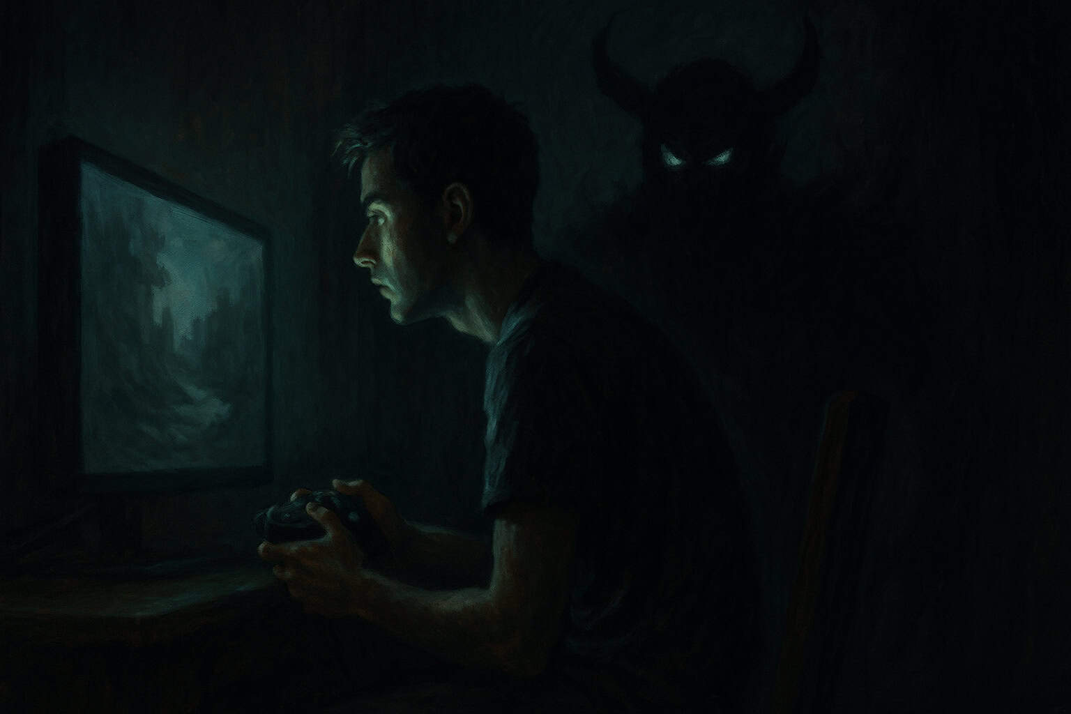 Young man focused on a glowing screen holding a game controller with a dark horned figure looming behind