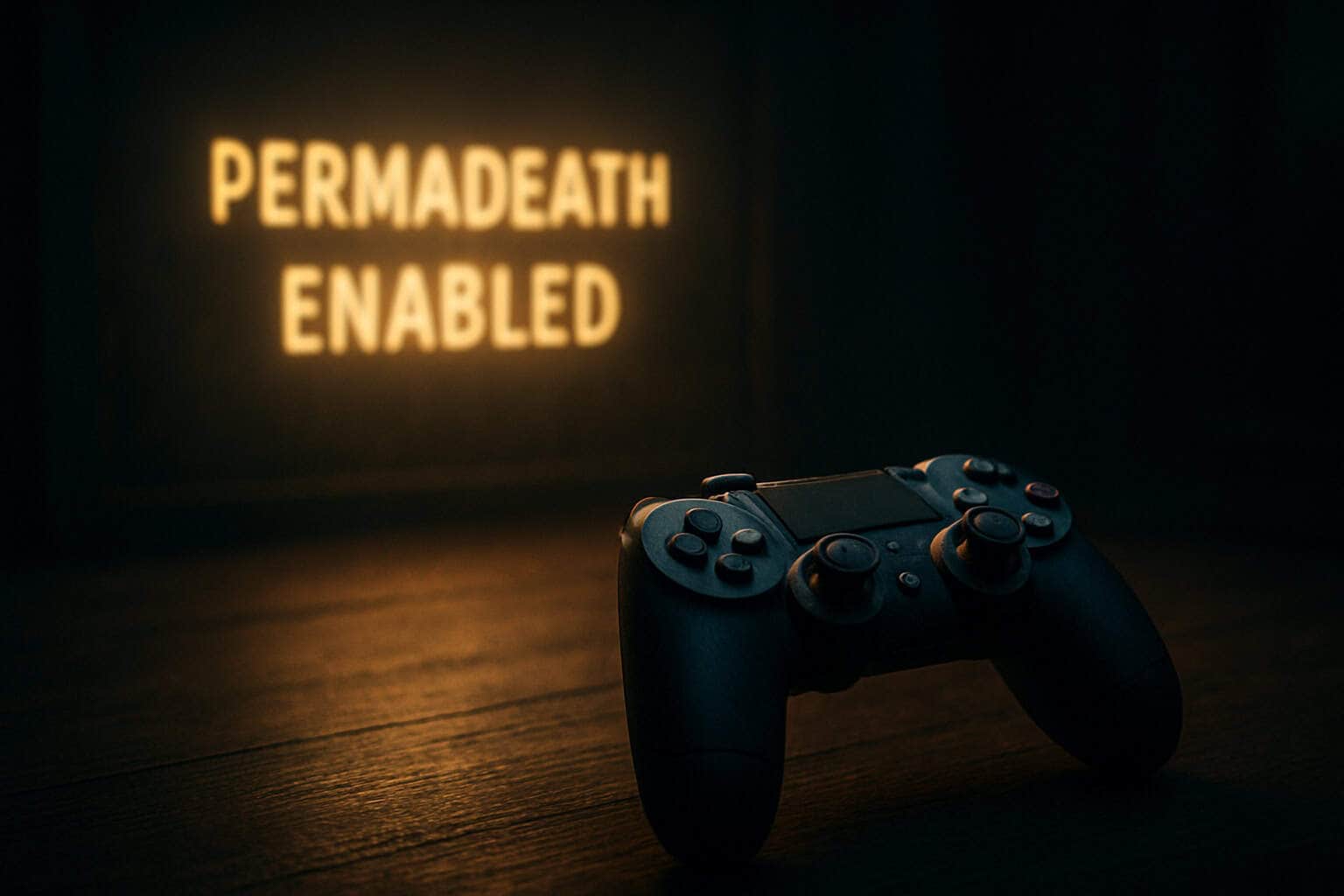 Black game controller on wooden surface with glowing text 'PERMADEATH ENABLED' in the background