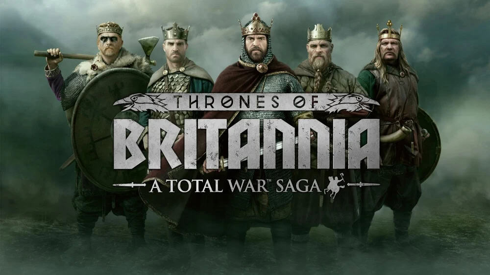 Five medieval kings in armour stand with serious expressions behind 'Thrones of Britannia' game title text