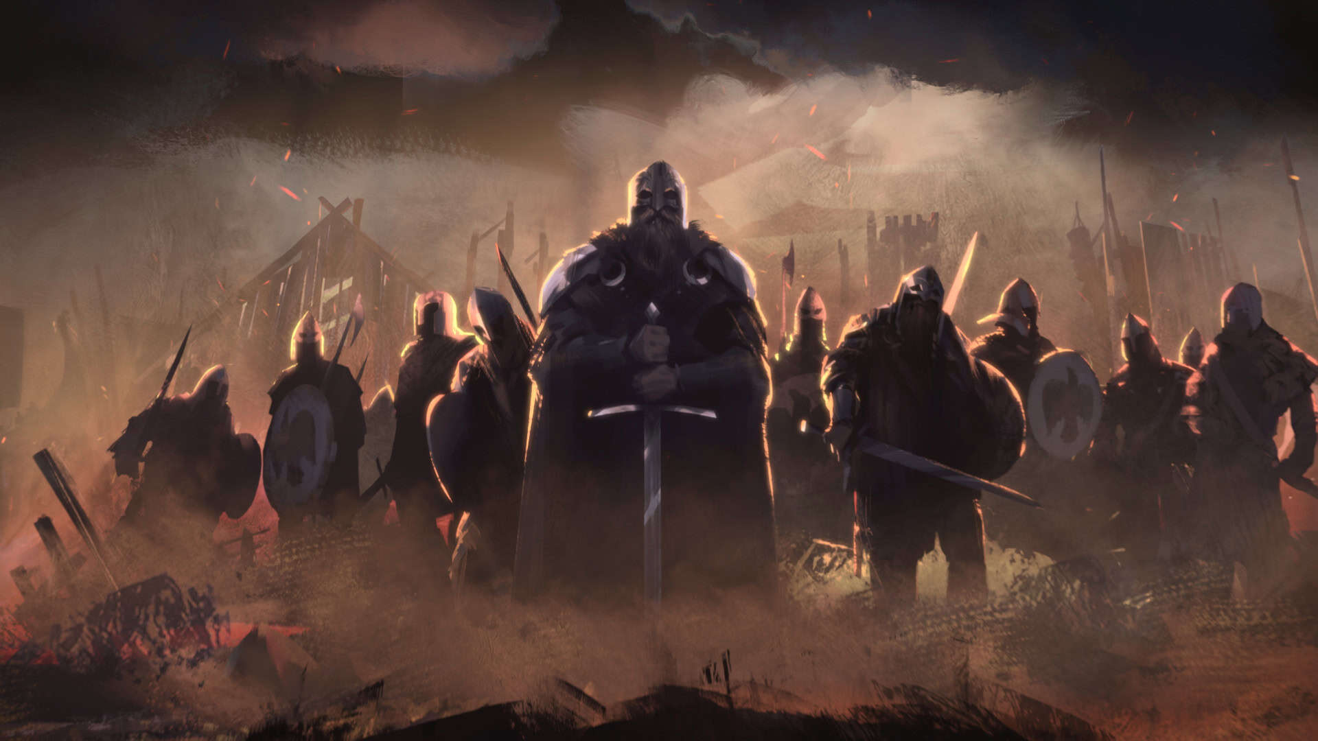 Armoured medieval warriors with helmets and shields stand ominously on a smoky battlefield at dusk