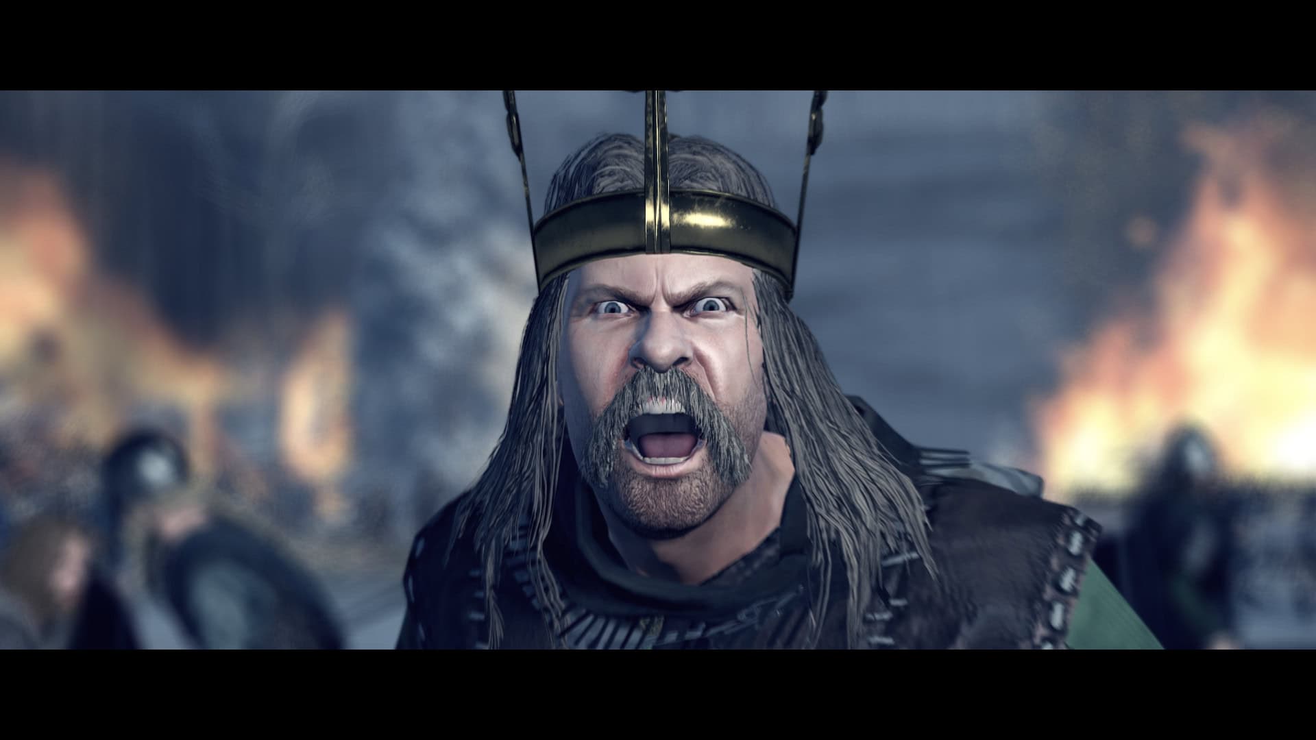 Angry medieval warrior with long hair and crown shouting amid flames and blurred soldiers behind