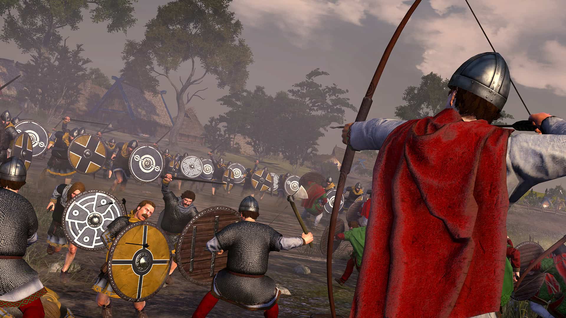 Archer in a red cloak and helmet aims bow at charging medieval soldiers with shields and helmets