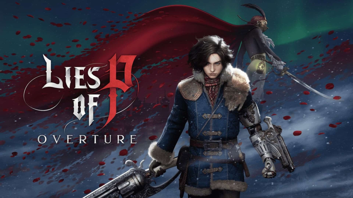 Young character in fur-lined coat with mechanical arm holding a gun, standing before a red cape and a masked figure in background