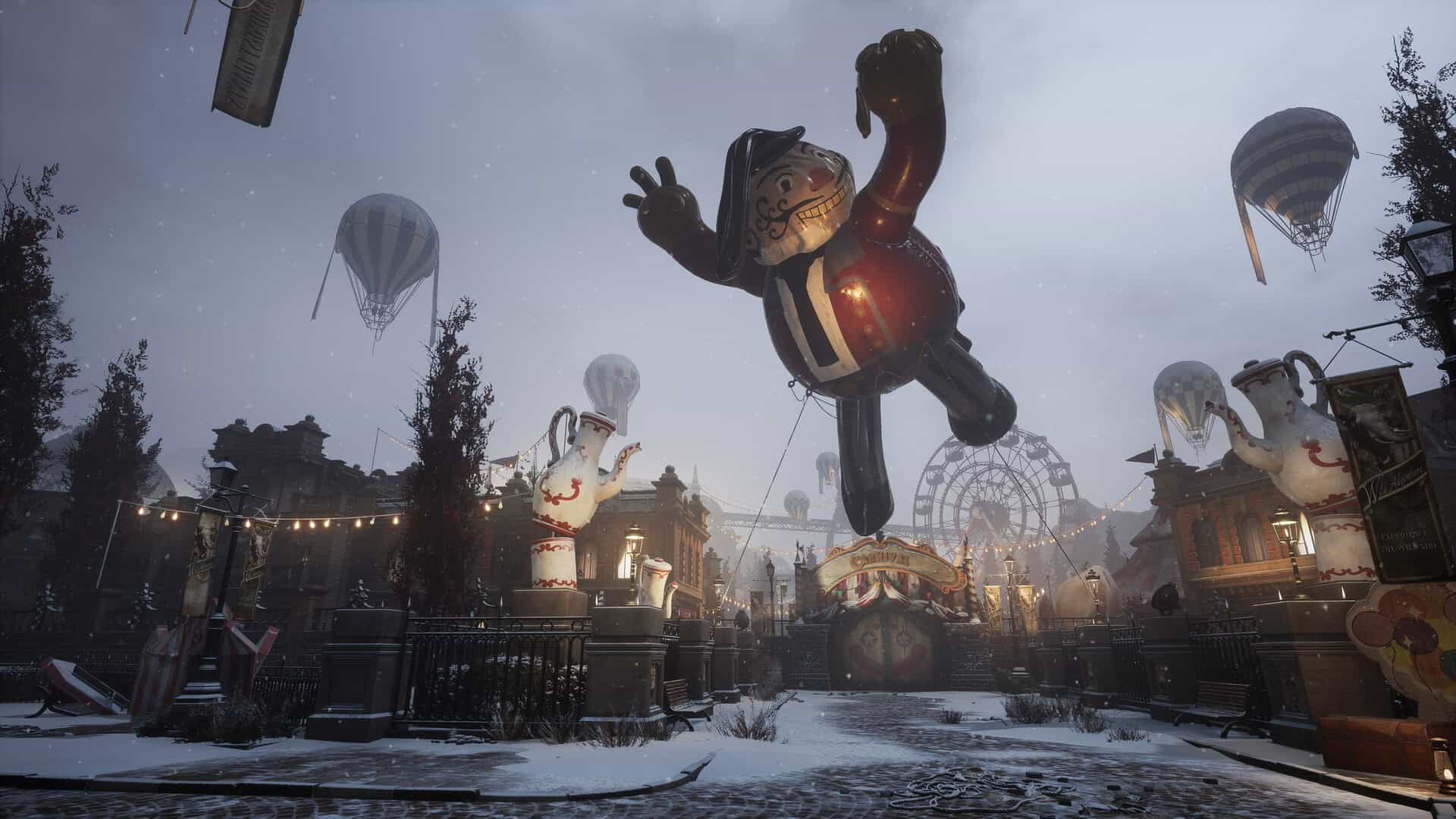Snow-covered amusement park with large teapot-shaped statues and several hot air balloons floating under a grey sky