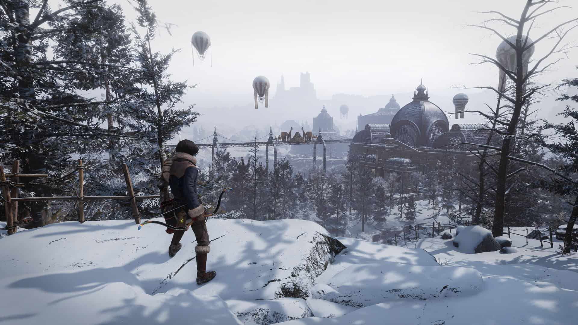 Character holding a bow standing on a snowy hill overlooking a forest, airships, and domed buildings in the distance
