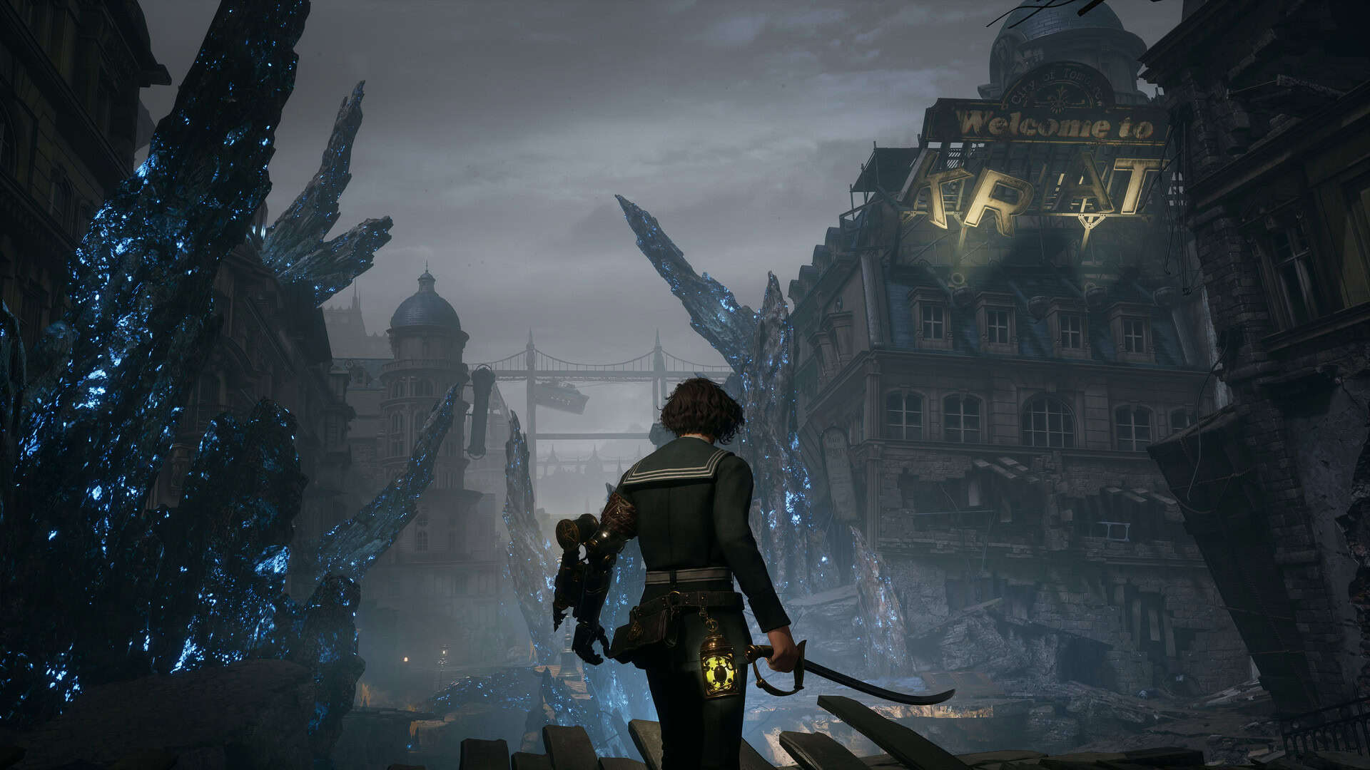 Character with mechanical arm and lantern faces towering glowing blue crystals in a ruined city street at dusk