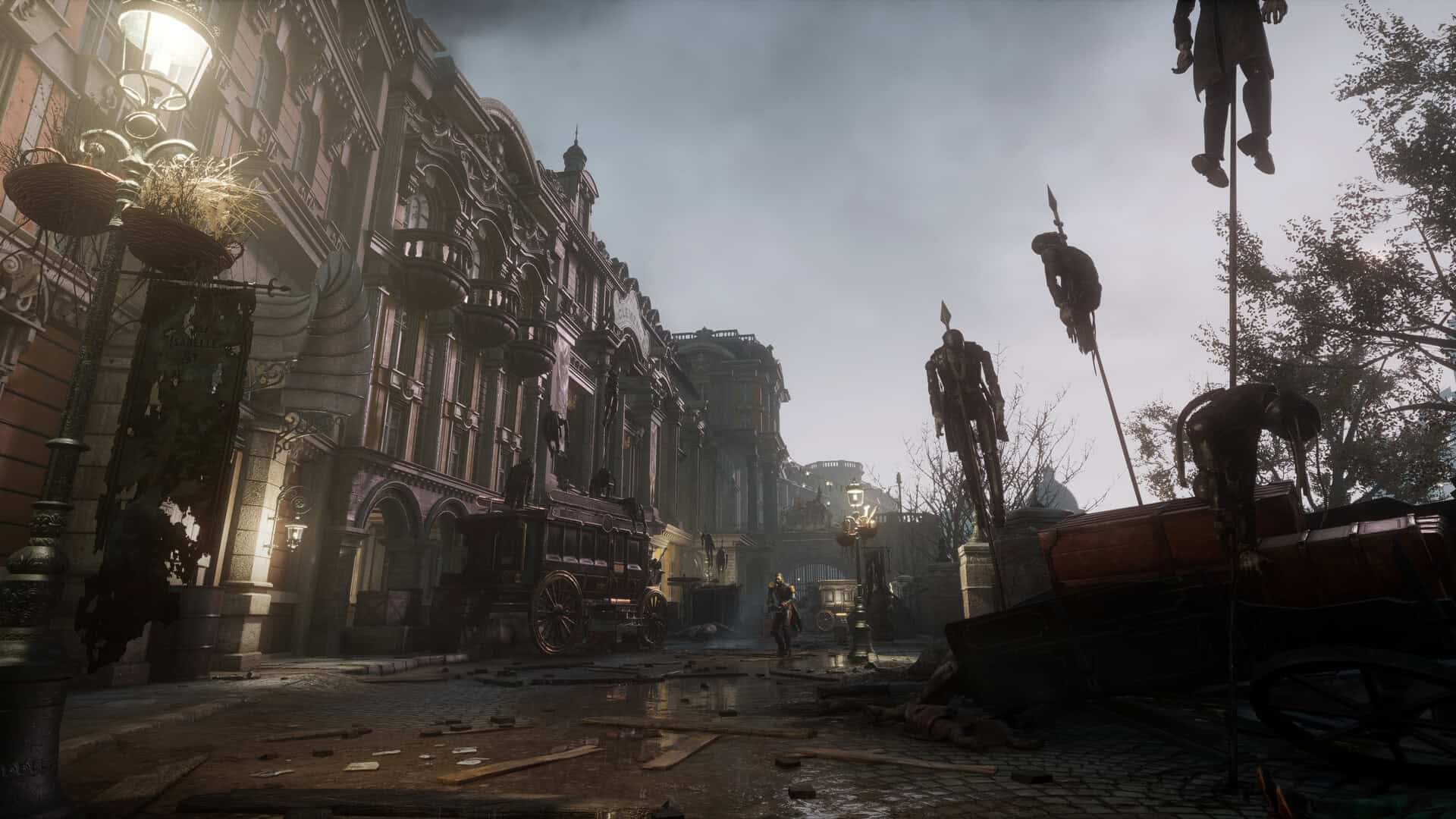 Gothic cobblestone street in rain with hanging figures on spikes and a lone character walking