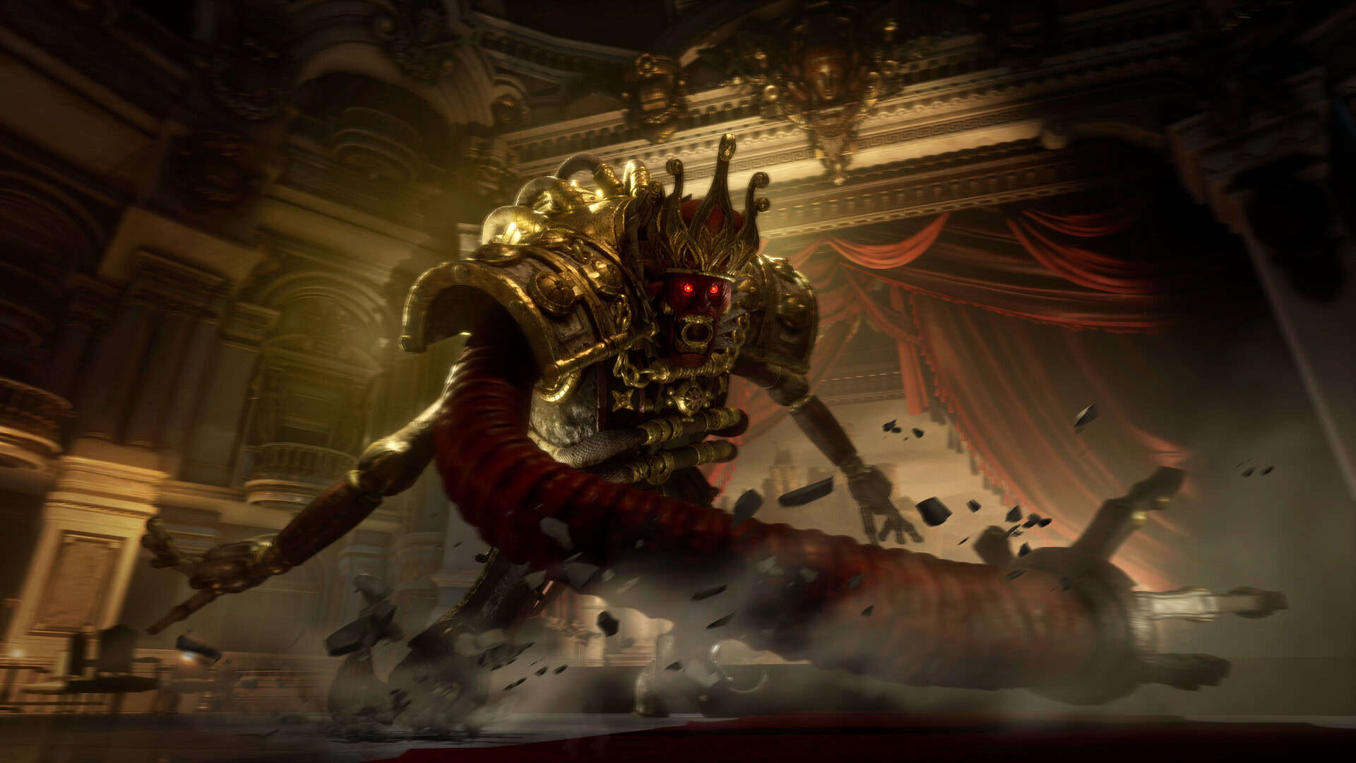 Large mechanical creature with glowing red eyes and an ornate crown swinging a massive weapon amid stone debris in a grand hall