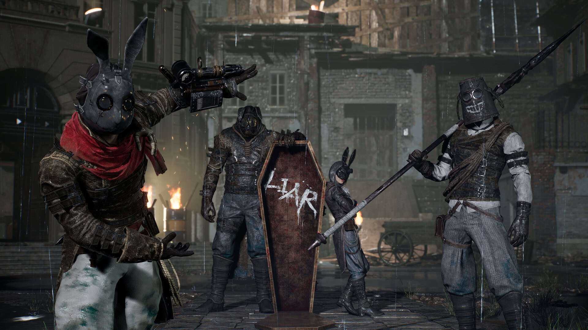 Four masked characters in dark, post-apocalyptic attire holding weapons and a shield in a rain-soaked urban setting