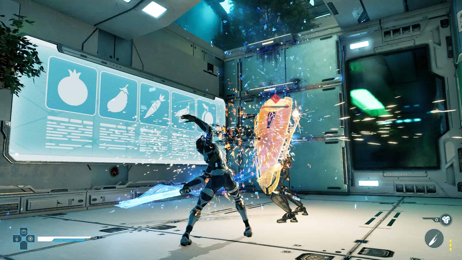 Character in high-tech suit attacks a robotic enemy using a glowing blue sword while enemy defends with a bright orange energy shield