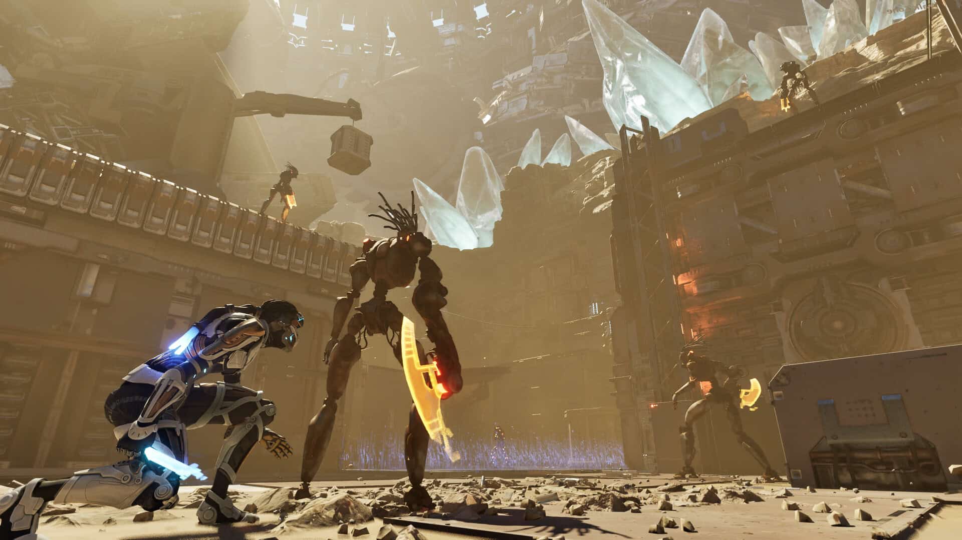 A crouching cyborg warrior faces three robotic enemies inside a cavernous industrial area with glowing crystal formations