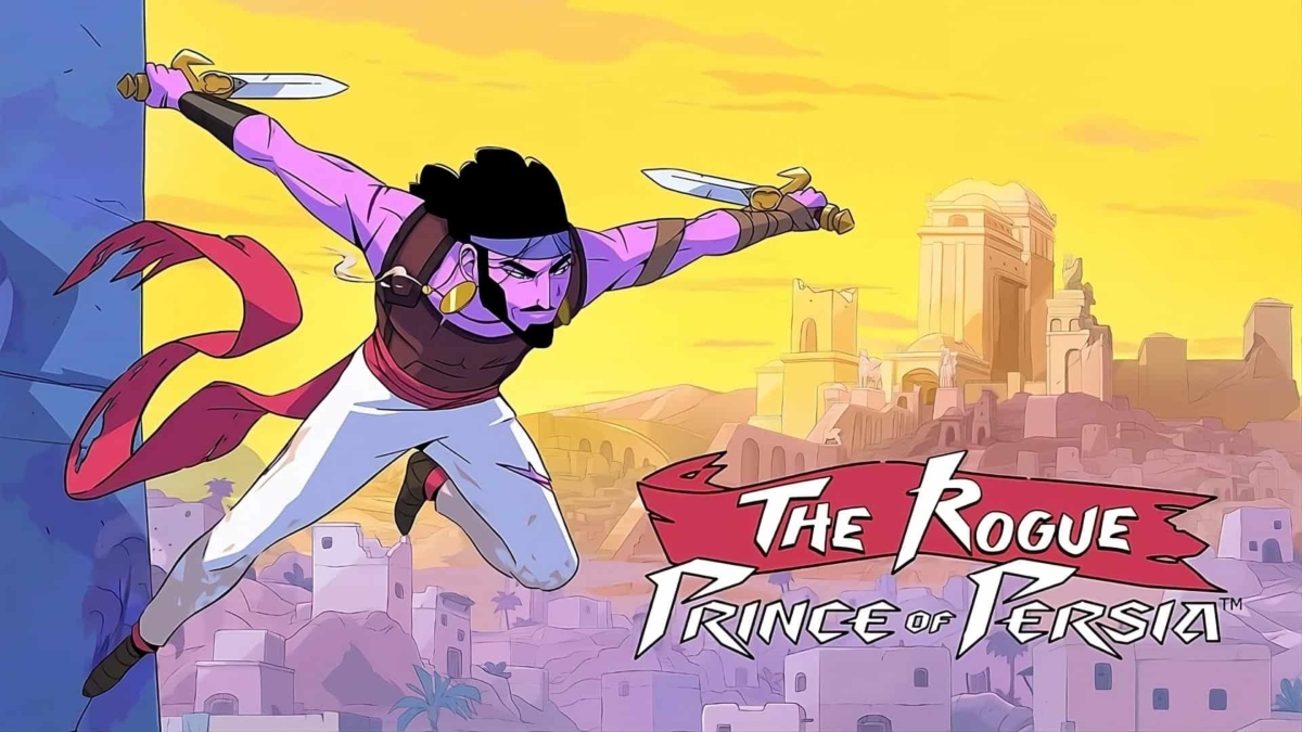 Animated character in purple outfit leaping with twin swords over a desert cityscape at sunset