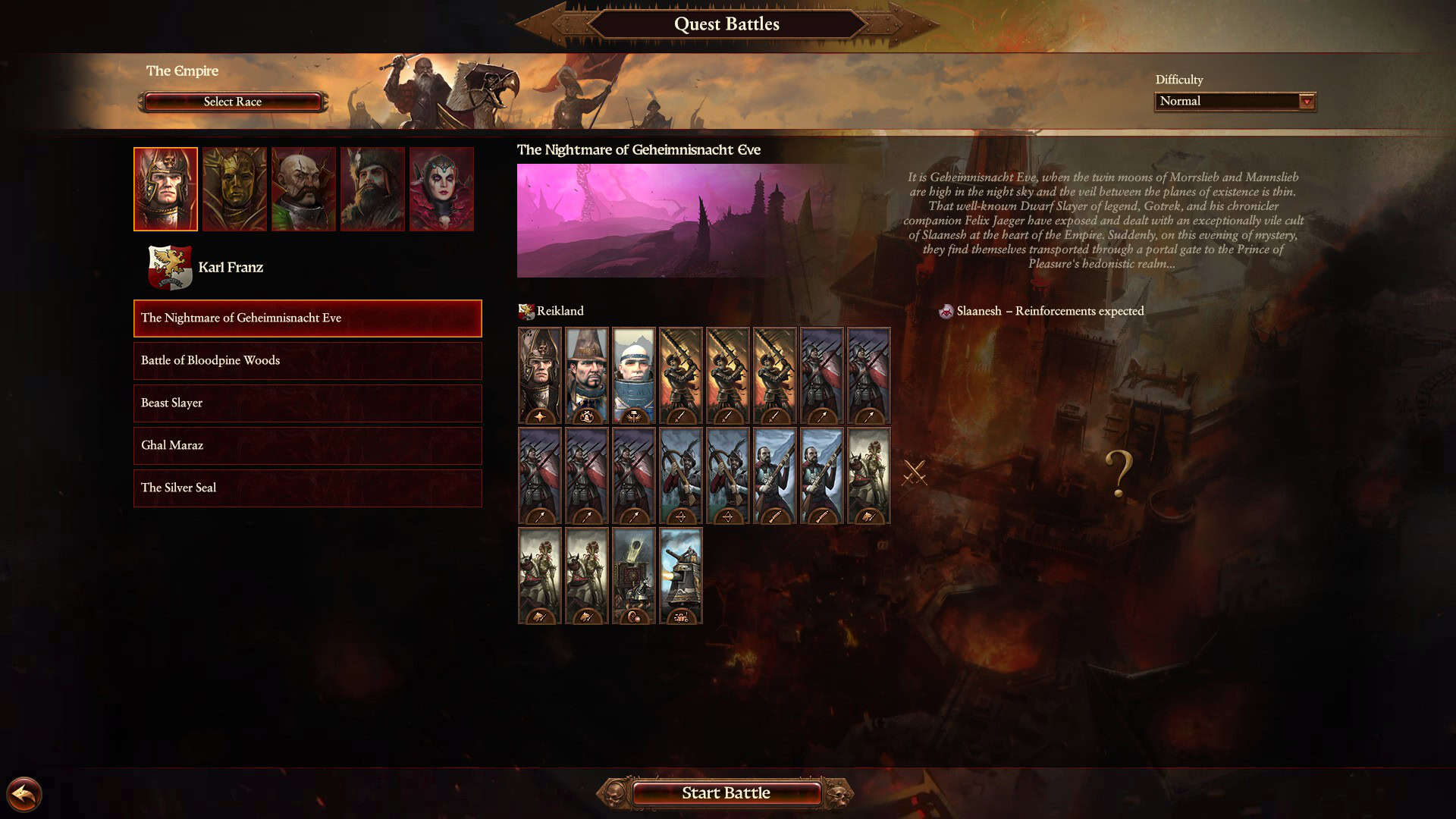 Quest battle selection in Total War: Warhammer III featuring character portraits and army units under Karl Franz.