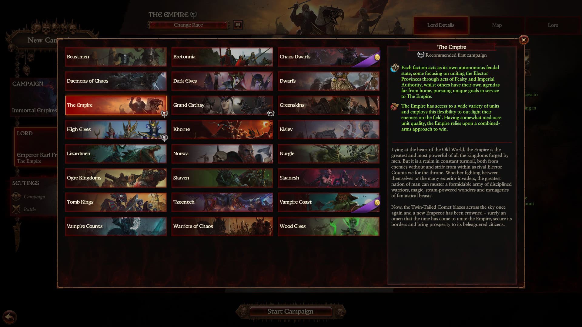 Faction selection screen in Total War: Warhammer III highlighting The Empire with descriptions of factions and campaign details