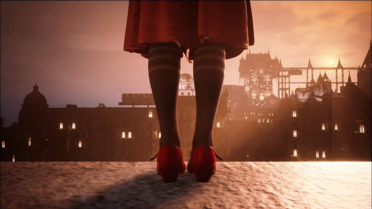 Character wearing striped socks and red shoes stands on edge looking at a sprawling city skyline illuminated by sunset light