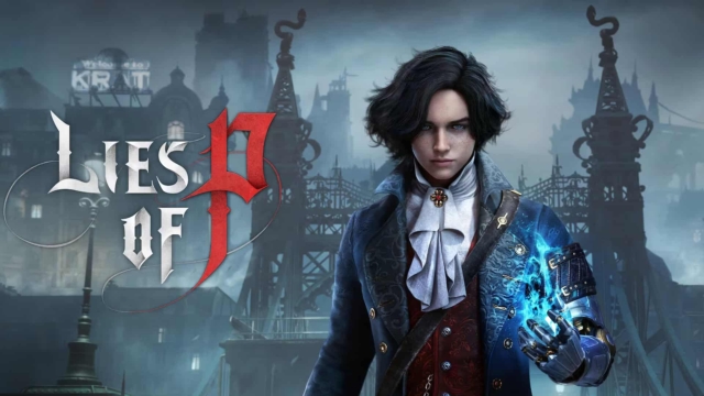 Young man in Victorian-style clothing with glowing blue mechanical arm in dark gothic city