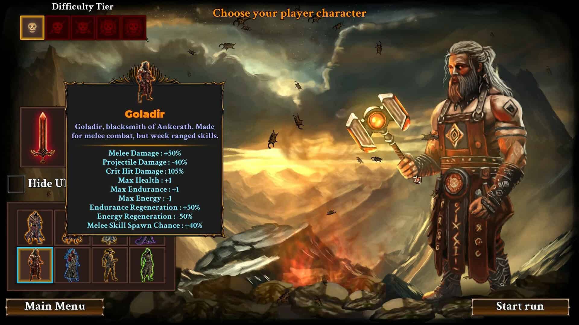 Character selection screen showing a bearded warrior holding a hammer with detailed melee combat stats and ability modifiers