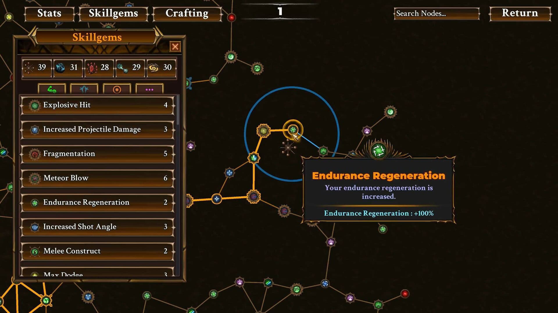 Fantasy game interface showing skill gem tree with endurance regeneration upgrade selected