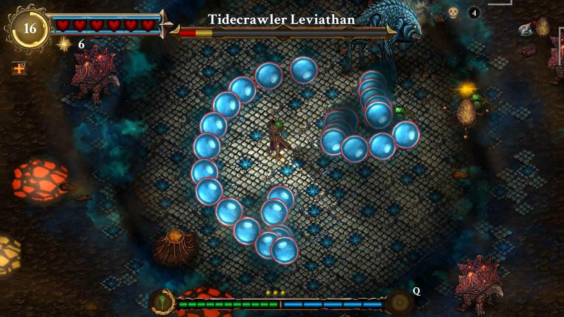 Top-down RPG boss battle with character surrounded by blue projectile orbs and health bars