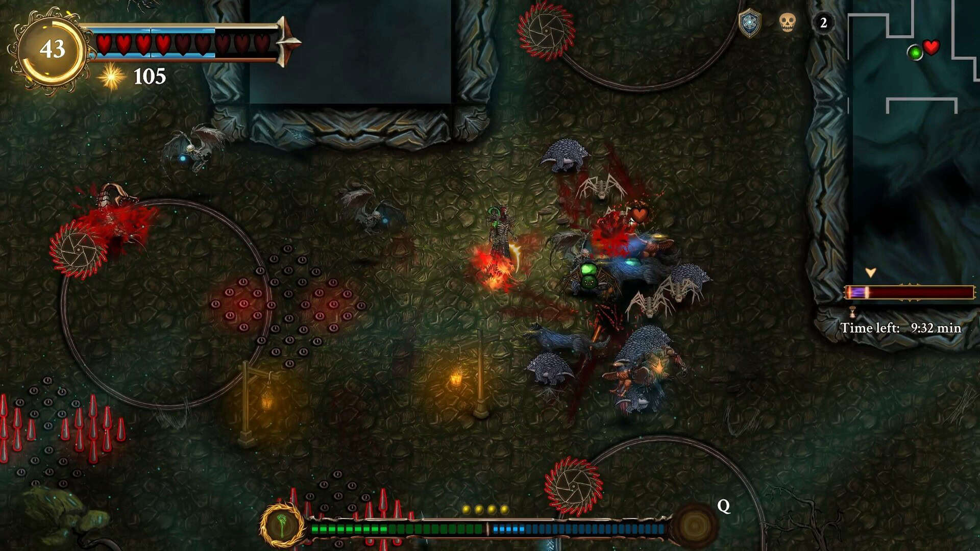 Top-down view of a character fighting multiple monsters in a dimly lit dungeon filled with traps